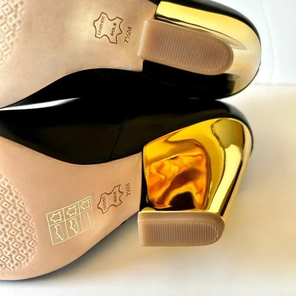 Tory Burch Lila Mirrored Gold Heel Black Leather Ankle Bootie 7.5 Fits 7 - Picture 7 of 11